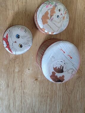 Vintage Japanese Cat Silk Print Round Trinket Boxes - Set of 3